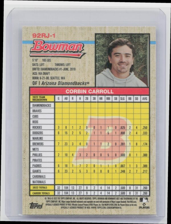 2023 Bowman's Best Corbin Carroll RC #92RJ-1 Diamondbacks 1992 Bowman - Image 3