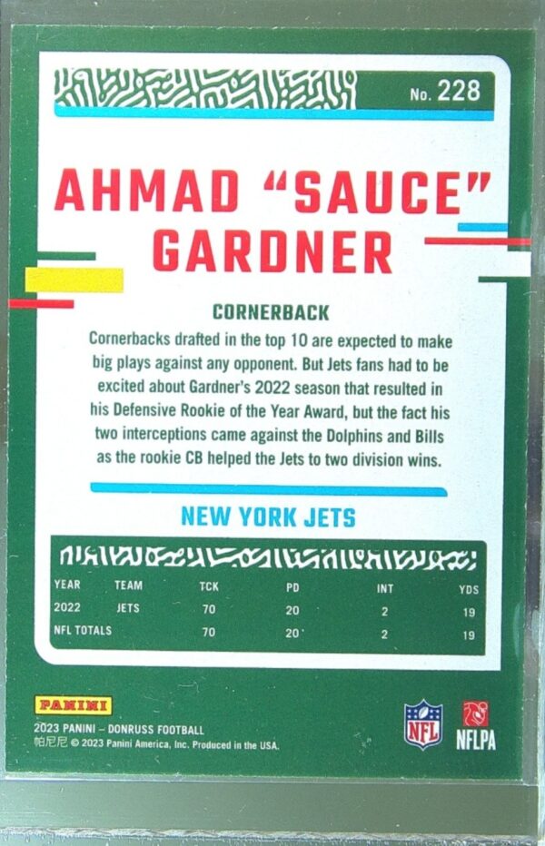 2023 Donruss Ahmad "Sauce" Gardner Press Proof Red #228 Jets - Image 3