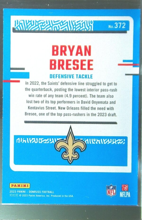 2023 Donruss Bryan Bresee RC #372 Saints - Image 3