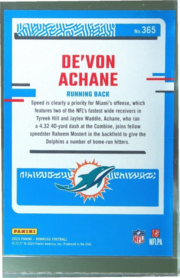 2023 Donruss De'Von Achane RC #365 Dolphins - Image 3