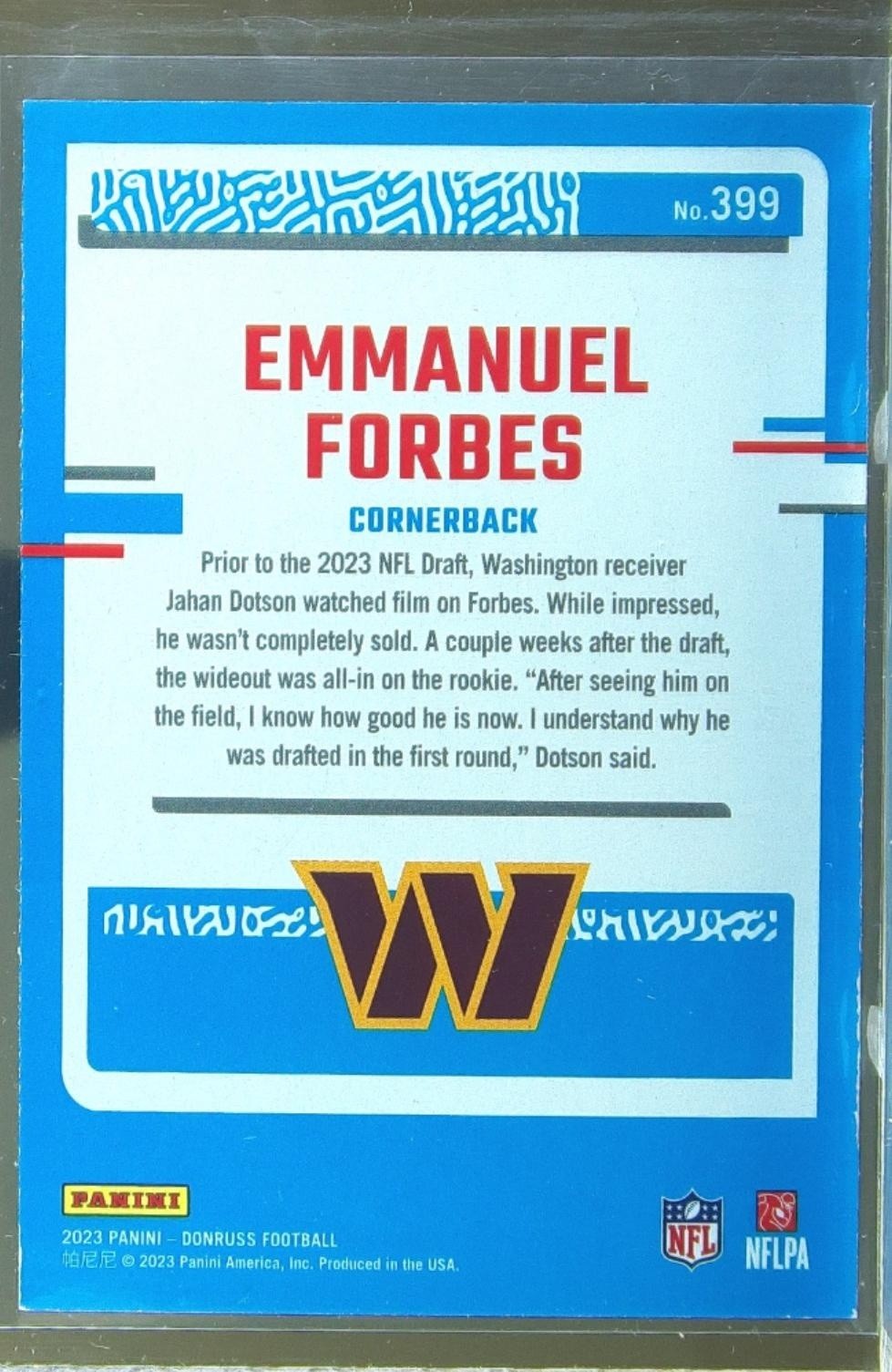 2023 Donruss Emmanuel Forbes Press Proof Red RC #399 Commanders - Image 3