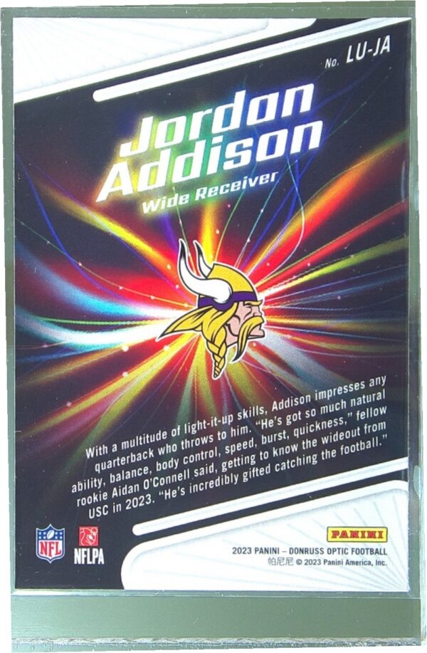 2023 Donruss Optic Jordan Addison RC #LU-JA Vikings Light It Up! - Image 3