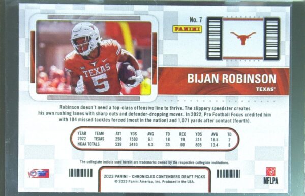 2023 Panini Chronicles Draft Picks Bijan Robinson RC #7 Longhorns Contenders - Image 3