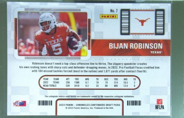 2023 Panini Chronicles Draft Picks Bijan Robinson RC #7 Longhorns Contenders - Image 3