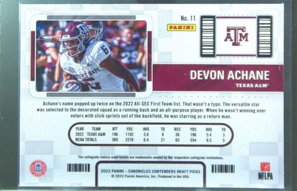 2023 Panini Chronicles Draft Picks Devon Achane #11 Aggies Contenders College - Image 3
