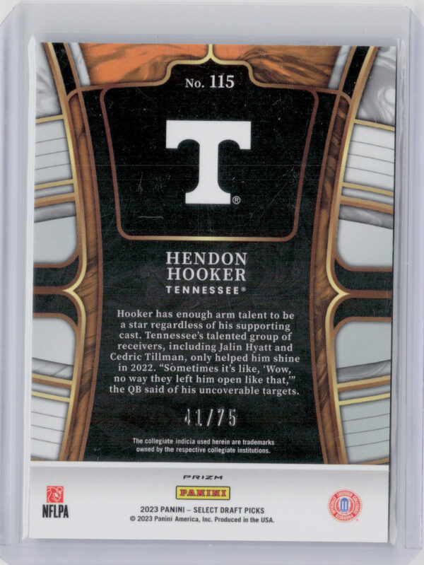 2023 Panini Select Draft Picks Hendon Hooker Purple Prizm SN75 #115 Volunteers - Image 3