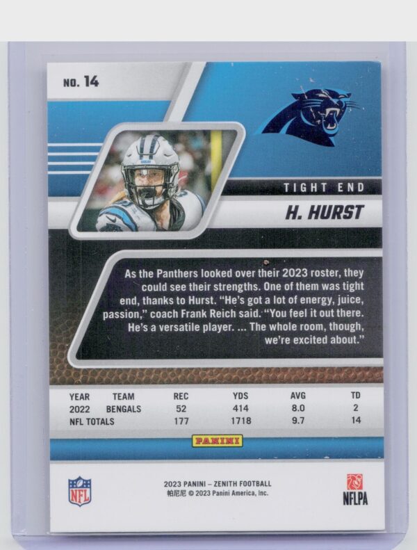 2023 Panini Zenith Hayden Hurst No Huddle #14 Panthers - Image 3