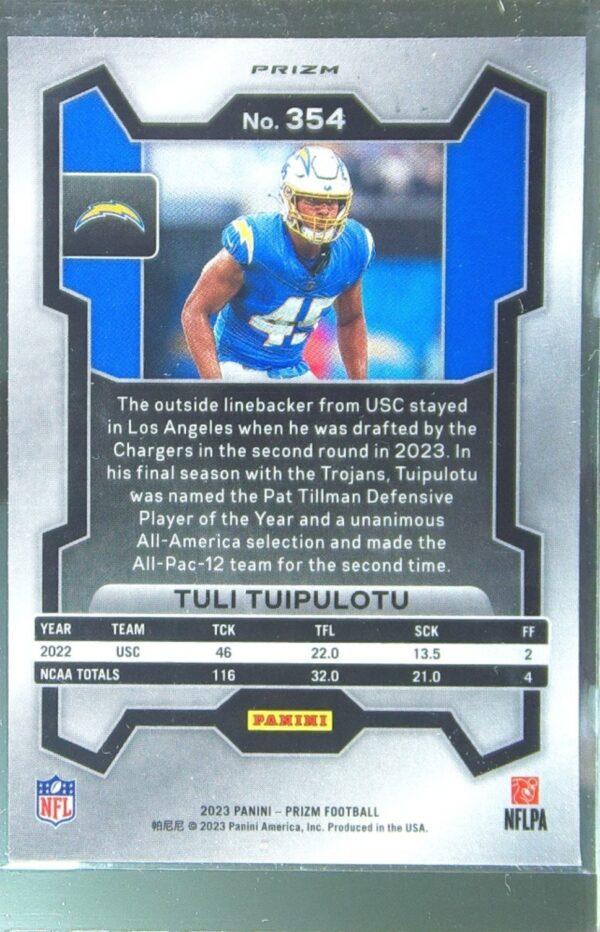 2023 Prizm Tuli Tuipulotu Orange Lazer RC #354 Chargers - Image 3
