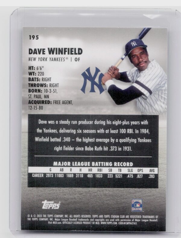 2023 Stadium Club Dave Winfield #195 Yankees - Image 3