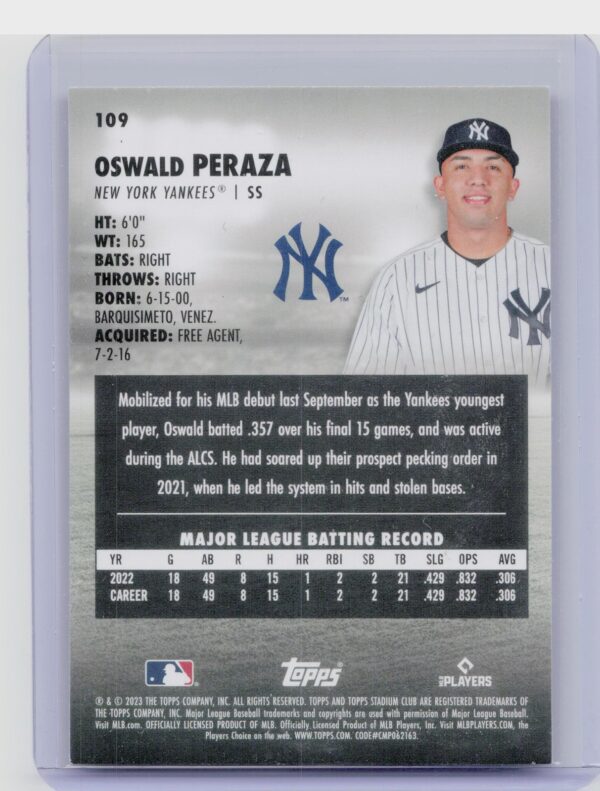 2023 Stadium Club Oswald Peraza #109 Yankees - Image 3