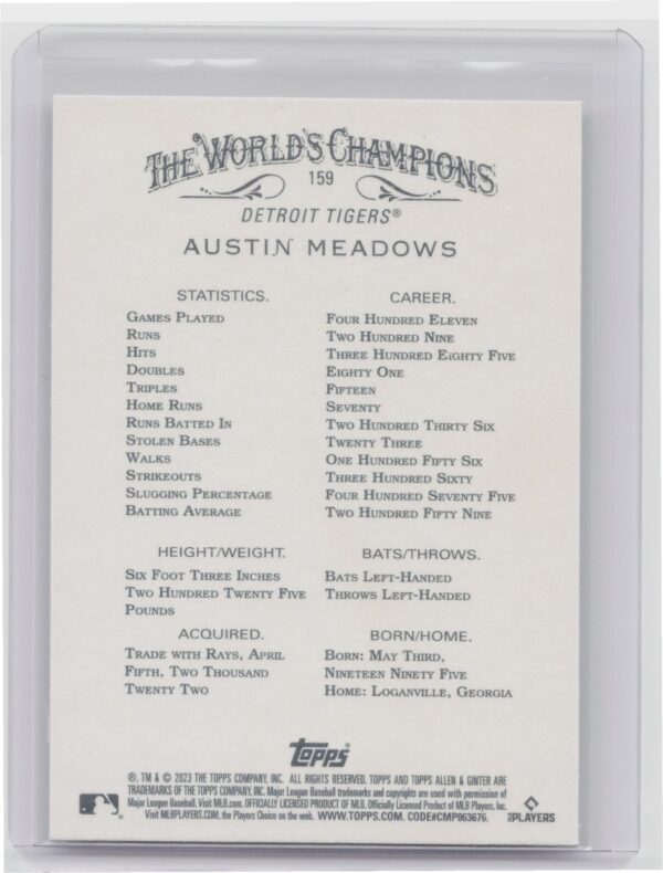 2023 Topps Allen & Ginter Austin Meadows Foil Filigree #159 Tigers - Image 3