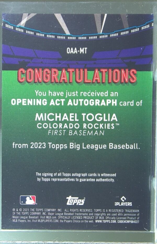 2023 Topps Big League Michael Toglia Auto RC #OAA-MT Rockies Opening Act Signed - Image 3