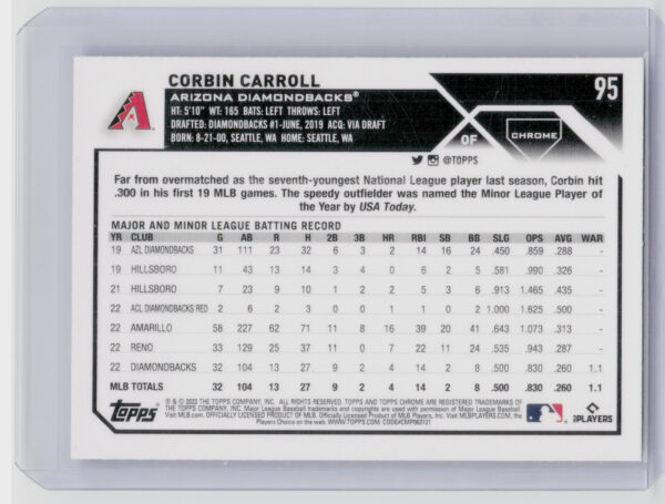 2023 Topps Chrome Corbin Carroll RC #95 Diamondbacks - Image 3