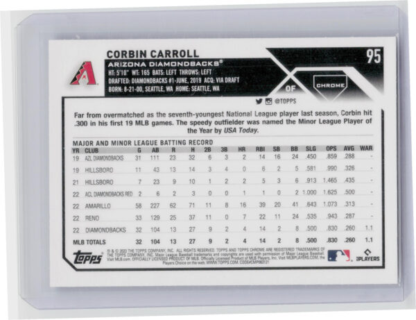 2023 Topps Chrome Corbin Carroll RC #95 Diamondbacks - Image 3
