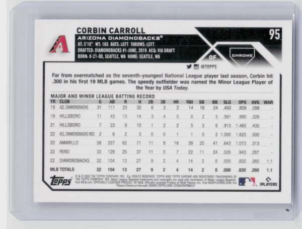 2023 Topps Chrome Corbin Carroll RC #95 Diamondbacks - Image 3