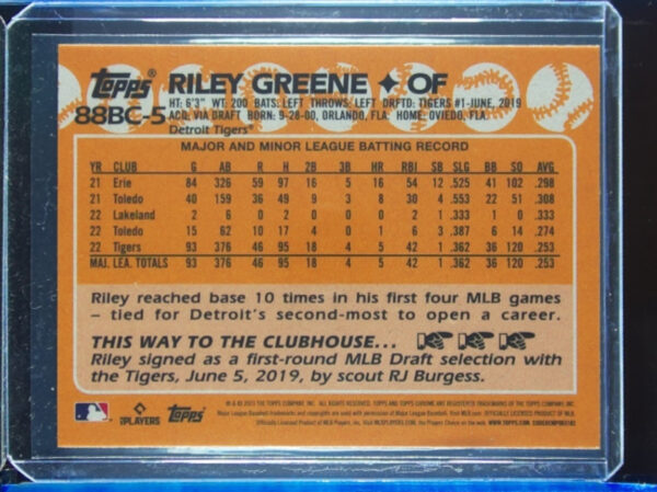 2023 Topps Chrome Riley Greene #88BC-5 Tigers 1988 Topps Baseball - Image 3