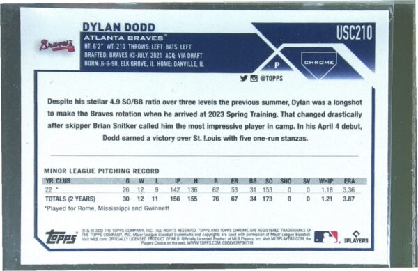 2023 Topps Chrome Update Dylan Dodd RC #USC210 Braves - Image 3