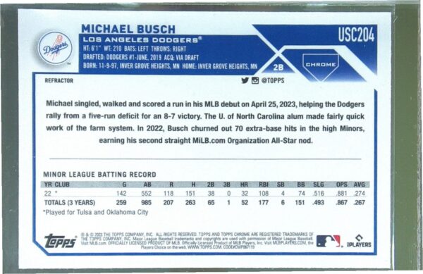 2023 Topps Chrome Update Michael Busch Refractor RC #USC204 Dodgers - Image 3