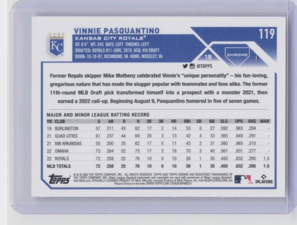 2023 Topps Chrome Vinnie Pasquantino #119 Royals - Image 3