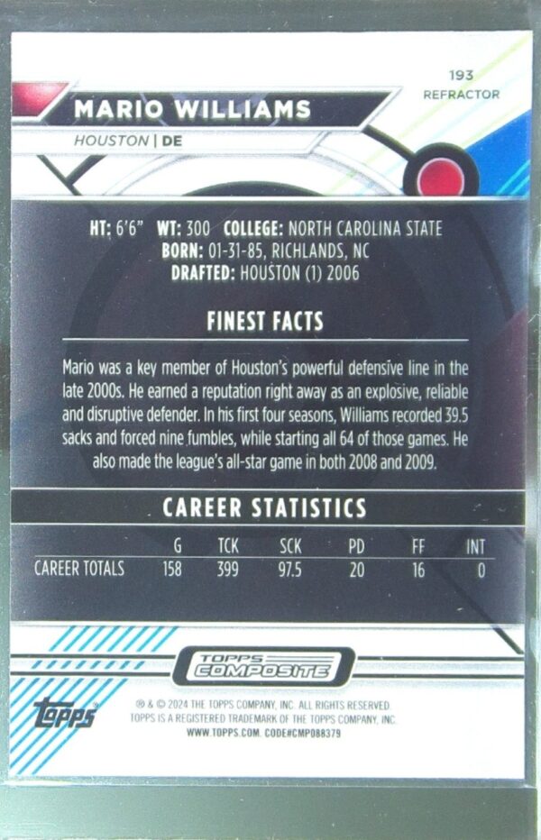 2023 Topps Composite Mario Williams Finest Refractor #193 Texans - Image 3