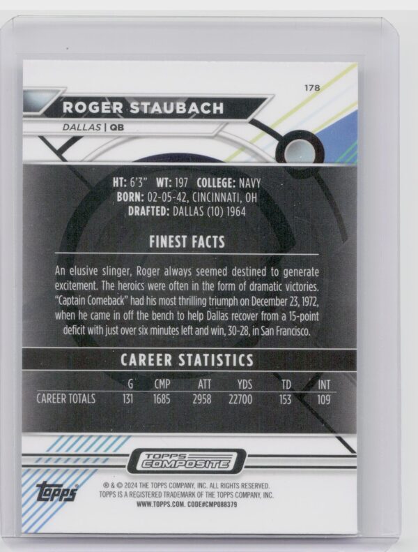 2023 Topps Composite Roger Staubach Topps Finest #178 Cowboys - Image 3
