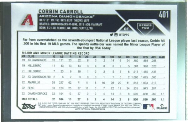 2023 Topps Corbin Carroll RC #401 Diamondbacks - Image 3
