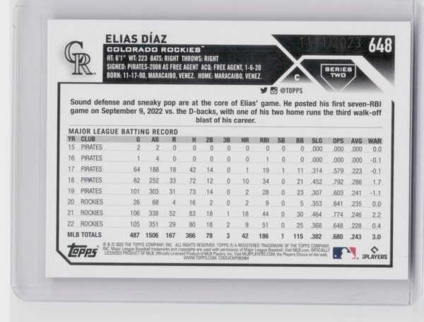 2023 Topps Elias Diaz Gold #648 Rockies - Image 3