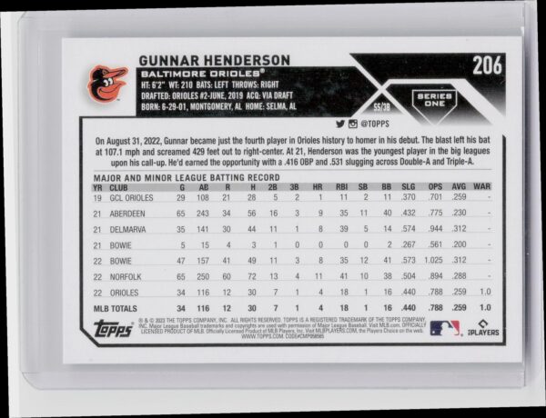 2023 Topps Gunnar Henderson #206 Orioles - Image 3