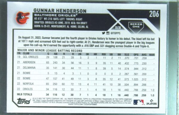 2023 Topps Gunnar Henderson RC #206 Orioles - Image 3