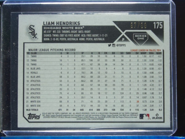 2023 Topps Liam Hendriks Vintage Stock SN99 #175 Sox - Image 3