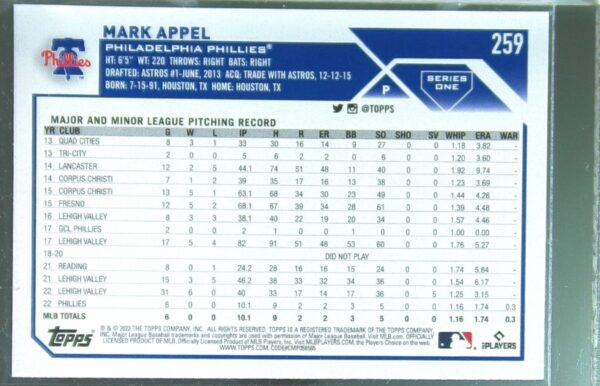 2023 Topps Mark Appel RC #259 Phillies - Image 3