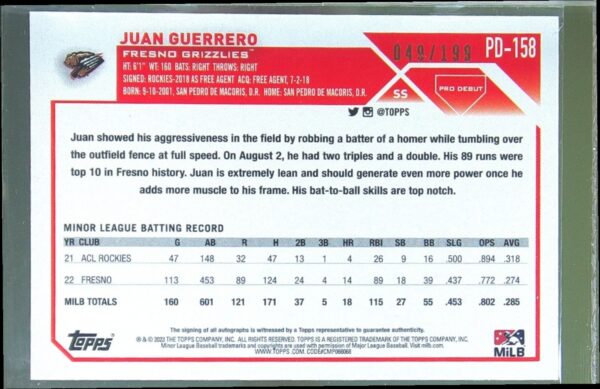 2023 Topps Pro Debut Juan Guerrero Auto /199 #PD-158 Grizzlies Autograph Sparkle - Image 3