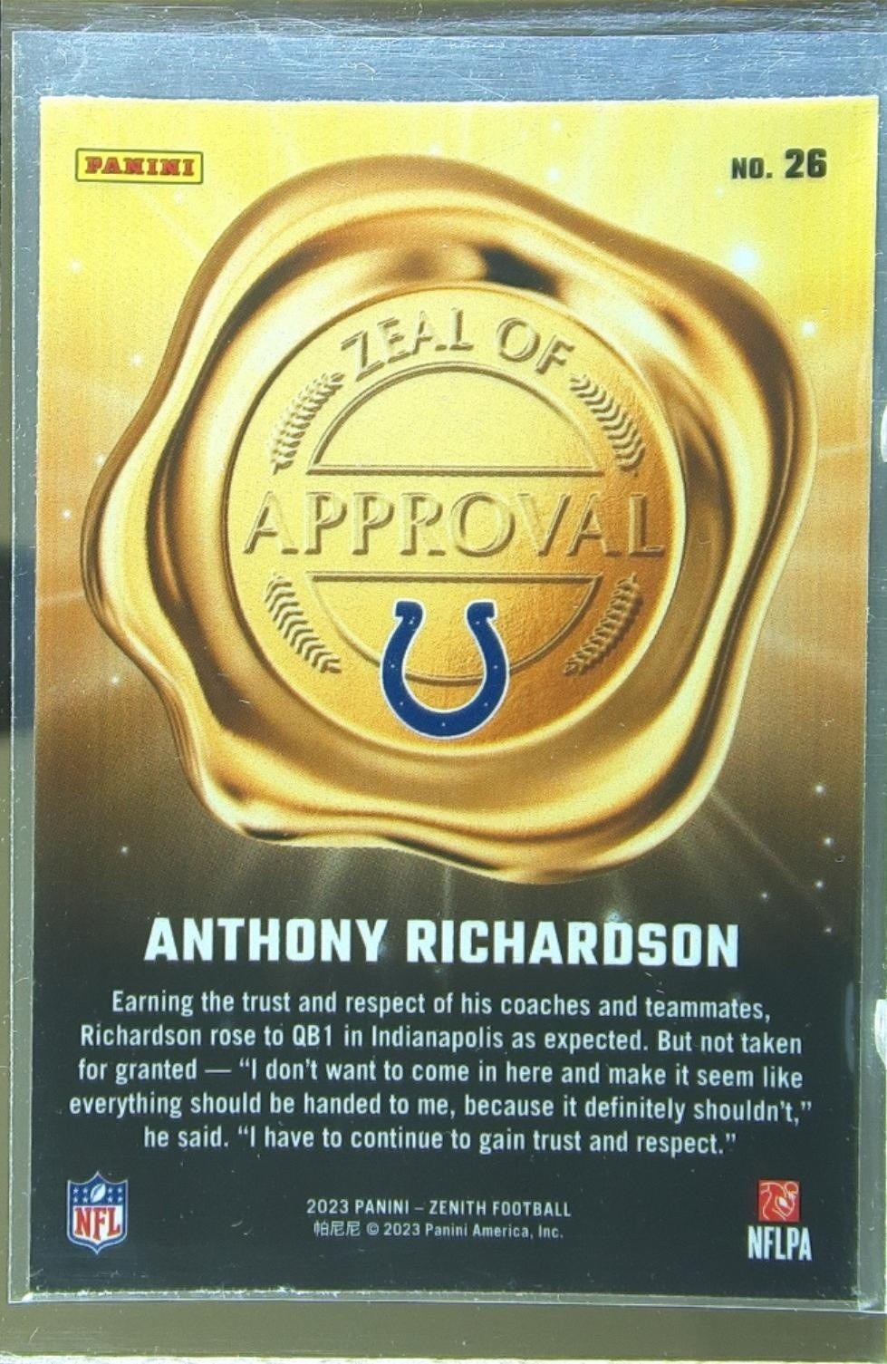 2023 Zenith Anthony Richardson #26 Colts Zeal of Approval Red - Image 3