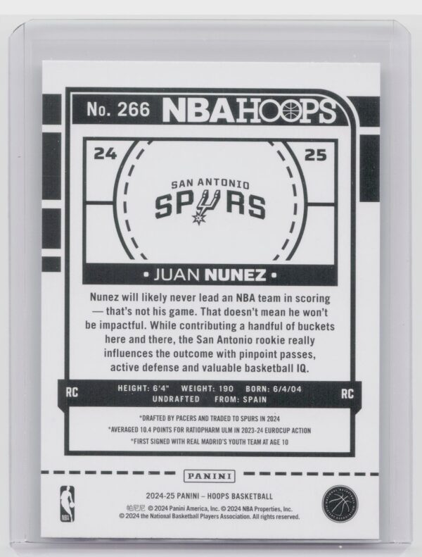 2024-25 Hoops Juan Núñez RC #266 Spurs - Image 3