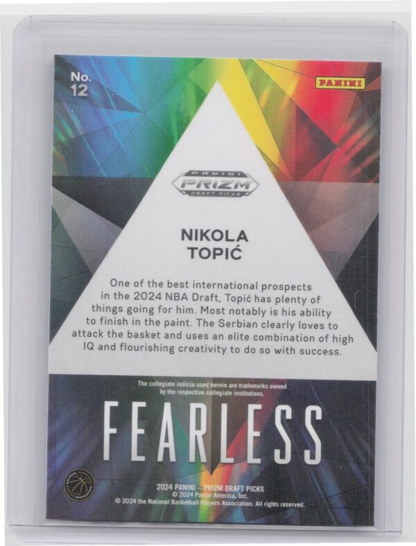 2024-25 Panini Prizm Draft Picks Nikola Topic RC #12 Fearless - Image 3