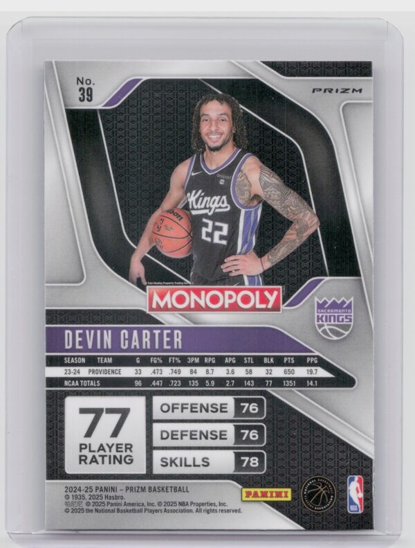 2024-25 Panini Prizm Monopoly Devin Carter Red Prizms RC #39 Kings - Image 3