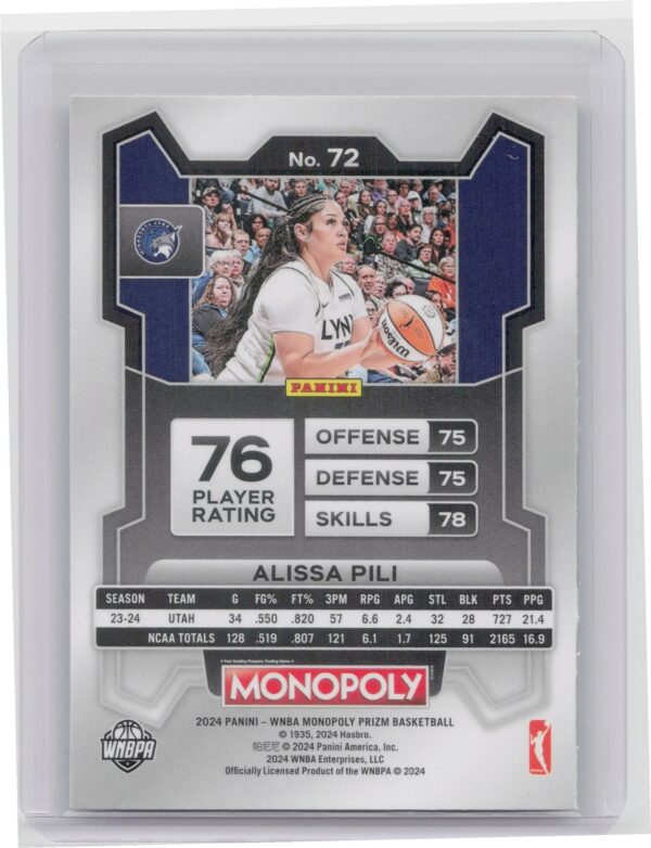2024-25 Panini Prizm Monopoly WNBA Alissa Pili RC 72 Lynx - Image 3