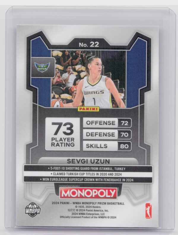 2024-25 Panini Prizm Monopoly WNBA Sevgi Uzun RC 22 Wings - Image 3