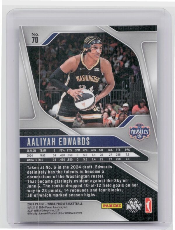 2024-25 Panini Prizm WNBA Aaliyah Edwards RC 70 Mystics - Image 3