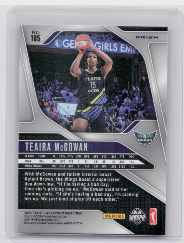 2024-25 Panini Prizm WNBA Teaira McCowan Blue Velocity Prizms #105 Wings - Image 3