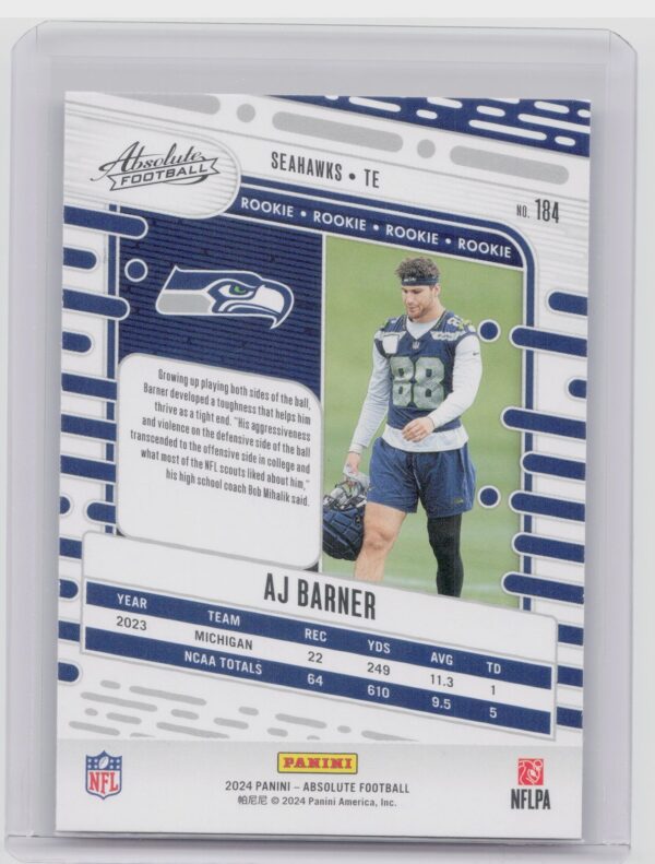 2024 Absolute AJ Barner Red and Blue RC #184 Seahawks - Image 3