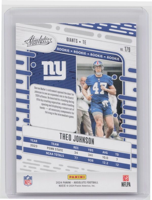 2024 Absolute Theo Johnson Red and Blue RC 179 Giants - Image 3