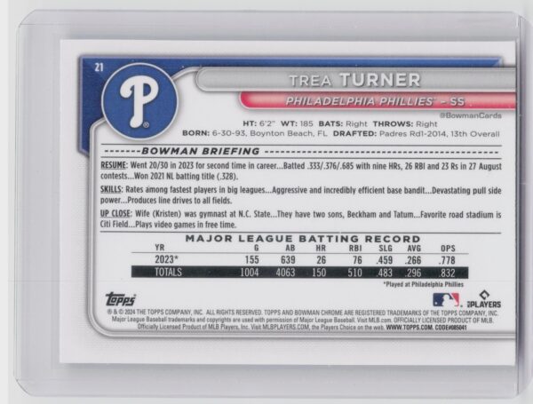 2024 Bowman Chrome Trea Turner #21 Phillies - Image 3