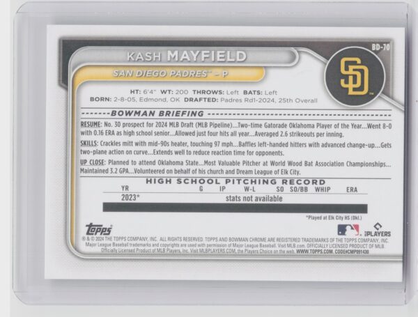 2024 Bowman Draft Kash Mayfield #BD-70 Padres - Image 3
