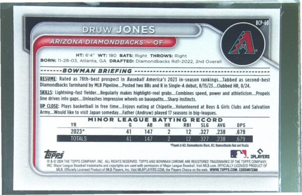 2024 Bowman Druw Jones #BCP-60 Diamondbacks Chrome Prospects Mojo Refractors - Image 3
