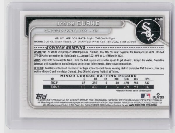 2024 Bowman Jacob Burke #BCP-116 Sox Chrome Prospects Mojo Refractors - Image 3