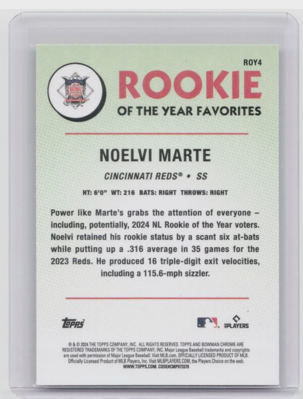 2024 Bowman Noelvi Marte #ROY-4 Reds Rookie of the Year Favorites Mojo Refractor - Image 3