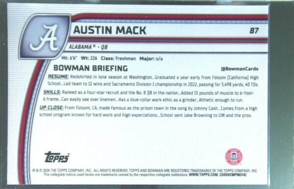2024 Bowman University Chrome Austin Mack #87 Tide - Image 3