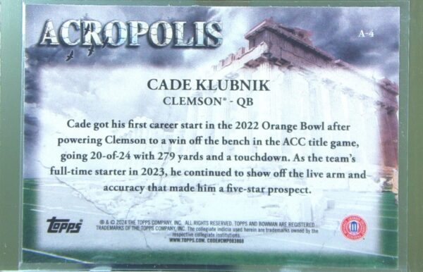 2024 Bowman University Chrome Cade Klubnik RC A-4 Tigers Acropolis - Image 3