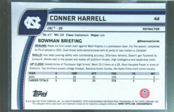 2024 Bowman University Chrome Conner Harrell Refractor RC 46 Heels - Image 3